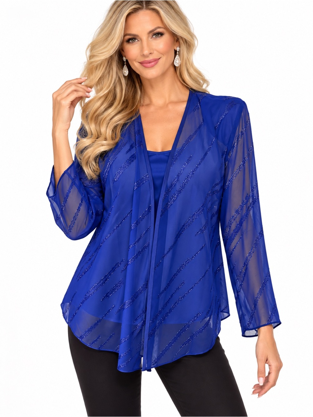 R&M Richards Size 16 Royal Blue Sheer Glitter Evening Jacket Formal Open Front